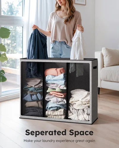 Miniatura 2 de SOLEDI Cesta de ropa sucia de 180L de 3 secciones, cesta de ropa sucia extra grande con tapa, cesta de ropa sucia con asa resistente, organizador