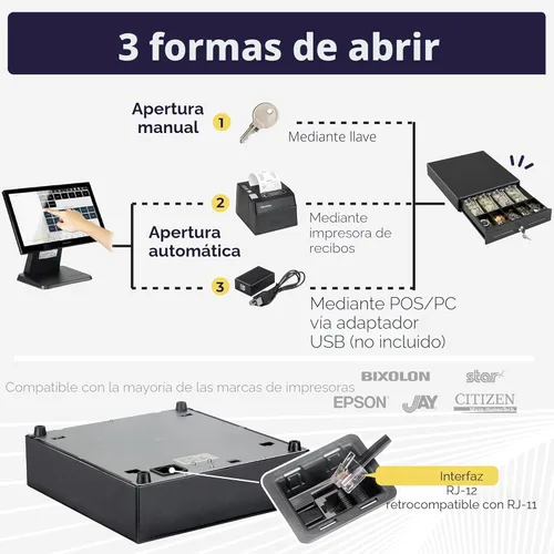 Miniatura 4 de Volcora Cajón electrónico de caja registradora de 13 pulgadas para sistema de punto de venta (POS) con bandeja de efectivo de 4 billetes y 5 Negro