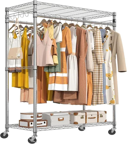 Miniatura 10 de Simple Trending Perchero para ropa resistente con ruedas y 4 varillas colgantes, estantes ajustables para prendas rodantes, capacidad de carga 254