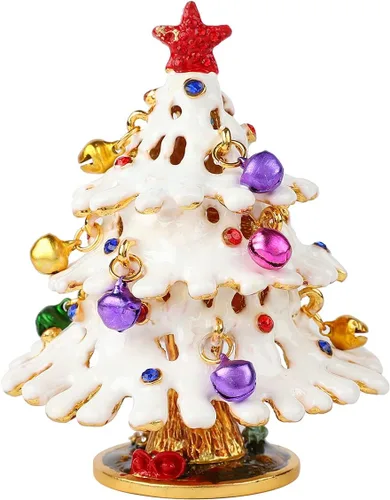 Caja de joyería de árbol de Navidad con campanas con bisagras y coloridas adornos pintados a mano regalo para decoración del hogar (blanco)