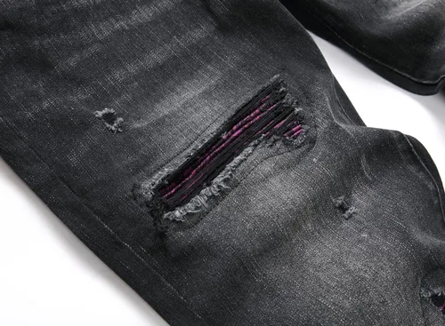 Miniatura 5 de XIMXIMMTIAN Jeans rectos de motociclista para hombre, desgastados, desgastados, ajustados, rectos