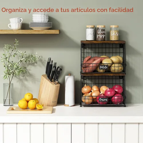 Miniatura 2 de Goozii - 2 paquetes de cestas de frutas colgantes de pared para encimera de cocina, cestas de alambre apilables para organizar con tapa de madera