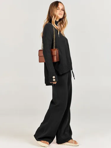 Miniatura 4 de ANRABESS Conjunto de 2 piezas para mujer, suéter de punto de manga larga, pantalón de pierna ancha, ropa de descanso, moda 2025