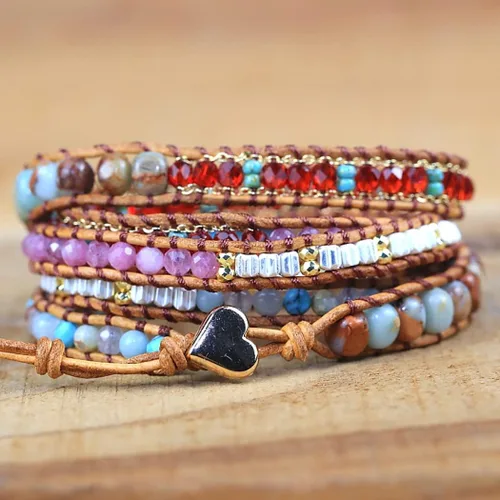 Miniatura 3 de ZOSOJONA Pulsera envolvente para mujer, estilo bohemio, con cuentas de cristal de jaspe natural, Cuero, Ágata