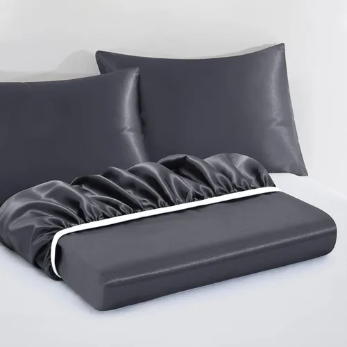 Miniatura 3 de VACVELT Juego de sábanas bajeras de satén de 3 piezas con bolsillos extra profundos para cama matrimonial, sábana bajera color gris que se ajusta a