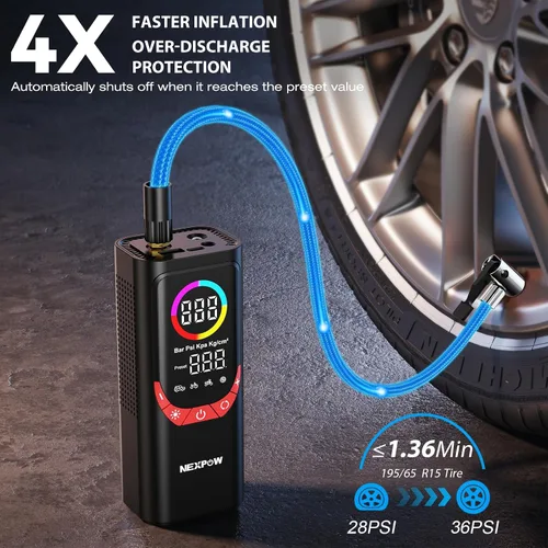 Miniatura 2 de NEXPOW NP17 Compresor de Aire Portátil, Inflador de Neumáticos Digital de 150 PSI, Inflado Rápido con Apagado Automático, Luz LED, Múltiples