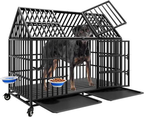 Miniatura 10 de Jaula indestructible para perros de 44 pulgadas, resistente y de alta ansiedad, a prueba de golpes, jaula de techo puntiaguda de metal para perros