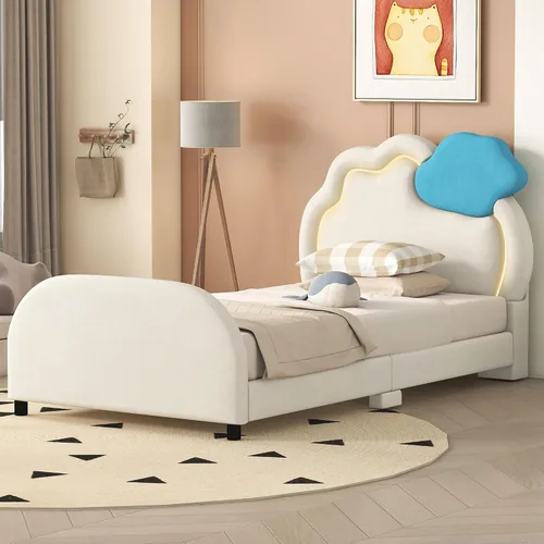 Miniatura 14 de Cama de plataforma tapizada de tamaño individual con cabecero en forma de oso y rayas de luz incrustadas, bonito marco de cama de plataforma