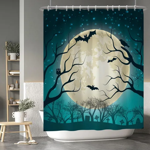 Miniatura 84 de Cortina de ducha de fantasma y gato negro para niños, 36 x 72 pulgadas, espeluznante y bonita, cortina de baño de Halloween con 6 ganchos, cortina