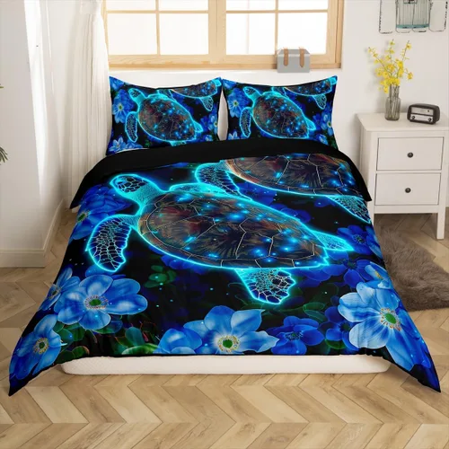 Miniatura 3 de Juego de funda de edredón de tortuga marina verde azulado brillante, flores azules, océano, juego de ropa de cama Queen para niños y niños, funda