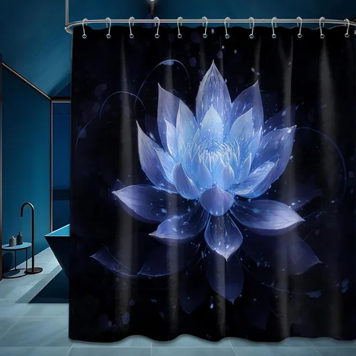 Miniatura 28 de Cortina de ducha con flores de loto negro y azul para decoración de baño, juego de cortinas decorativas de baño con estampado floral, tela