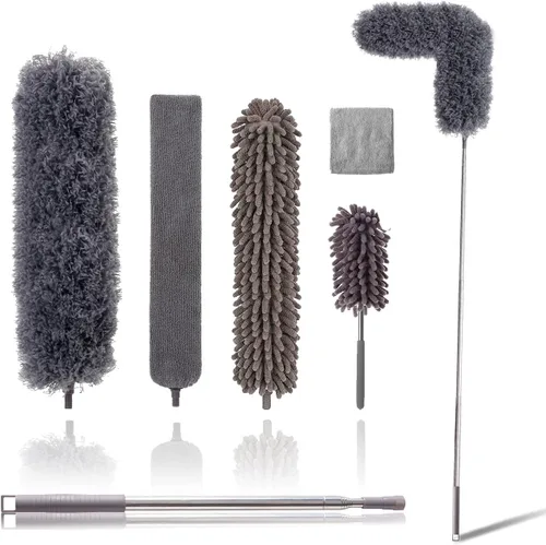 Miniatura 10 de Kit de plumero de microfibra para techo alto (6 unidades), plumeros extensibles para limpieza con poste de extensión de 100 pulgadas, plumero largo