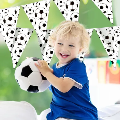 Miniatura 6 de Banderines de plástico para fiestas de fútbol de 65.6 pies, 48 banderas triangulares de fútbol de plástico, guirnalda de banderines de fútbol