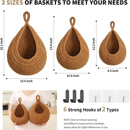Miniatura 4 de Cestas de frutas bohemias para colgar en la pared para cocina, paquete de 3 soportes tejidos con 6 ganchos fuertes, cesta colgante de verduras