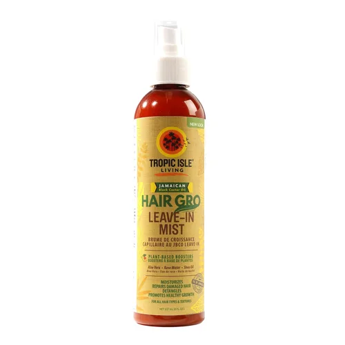 Tropic Isle Living Hair Gro Leave-In Mist 8oz | Aceite de ricino negro jamaicano con agua de rosas, aloe vera y aceite de karité infundido |
