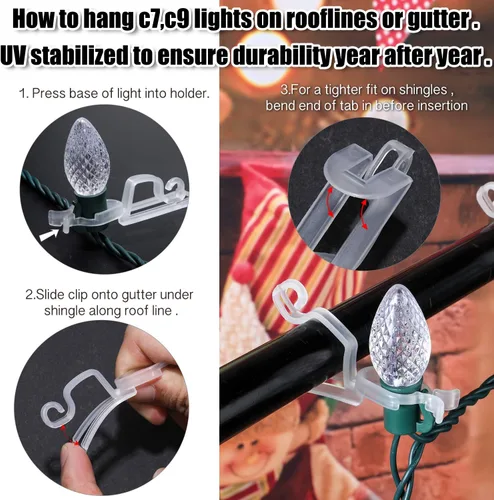 Miniatura 5 de 40 clips de canalón de luz de Navidad, clip de plástico C7 C9 para decoraciones de fiesta de Navidad (transparente)