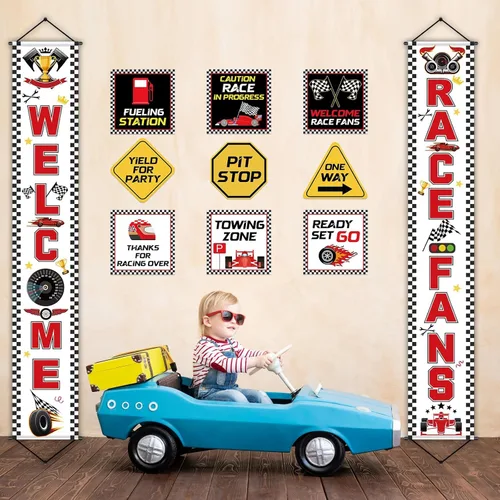 Miniatura 6 de Cartel de fiesta de cumpleaños de coche de carreras, banderas a cuadros, 9 carteles de fiesta de automóviles para decoración de fiesta