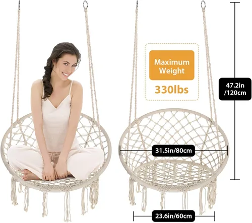 Miniatura 4 de Garpans Hamaca de macramé, estilo bohemio, hamaca con borlas, columpio colgante hecha a mano, cuerda de algodón tejida a mano para interiores y Beige