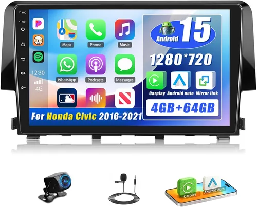 Radio estéreo de coche 4G+64G Android 15 para Honda Civic 2016 2017 2018 2019 2020 2021,1280 * 720 HD pantalla táctil radio de coche con navegación