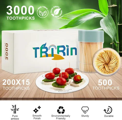 Miniatura 2 de Palillos de dientes de bambú [3000 unidades] - Con soporte para palillos de dientes reutilizable, púas de dientes de acabado liso resistente