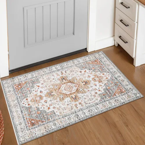 Miniatura 80 de Moynesa Alfombra de pasillo ultra fina lavable de 2 x 6 pies, antideslizante, resistente a las manchas, alfombra vintage que no desprende para Gris