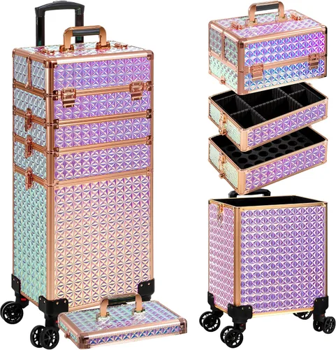 Miniatura 13 de AROUS Estuche de maquillaje rodante 5 en 1, estuche de cosmetología con ruedas, organizador cosmético grande, carro de viaje para estilista