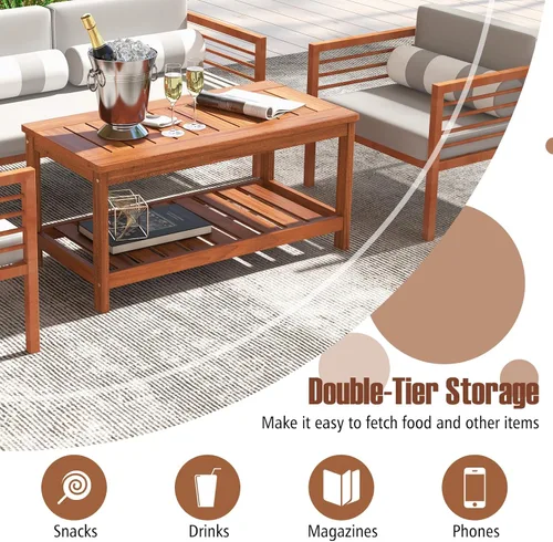 Miniatura 6 de HAPPYGRILL Mesa auxiliar de patio, mesa auxiliar de doble nivel con estructura de madera maciza, mesa de listones y estante, mesa de centro