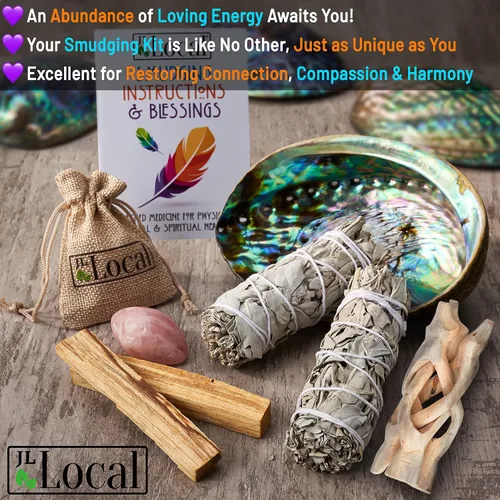 Miniatura 2 de JL Local Perfect Unity Kit de Sahumado - 2 Varitas de Sahumado de Salvia Blanca + 2 Palos de Palo Santo + Cuenco de Concha de Abulón + Cristal