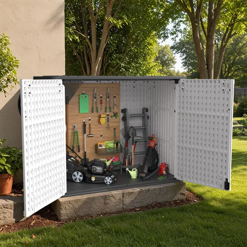 Miniatura 11 de Patiowell Armario de almacenamiento de plástico para exteriores de 26 pies cúbicos, cobertizo de almacenamiento horizontal impermeable