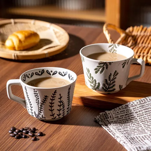 Miniatura 6 de Juego de 4 tazas de café con cuchara dorada, taza de cerámica pintada a mano de estilo antiguo de 11 onzas para hombres y mujeres, regalos únicos
