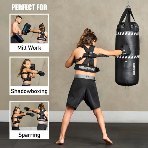 Miniatura 4 de Elite Sports Arnés de boxeo para niños con guantes de 6 onzas, bandas de resistencia ajustables (3 niveles), correa de estabilidad, hombros