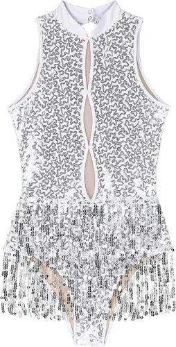 Miniatura 5 de winying Leotardo de baile de jazz latino con borlas de lentejuelas brillantes para mujer
