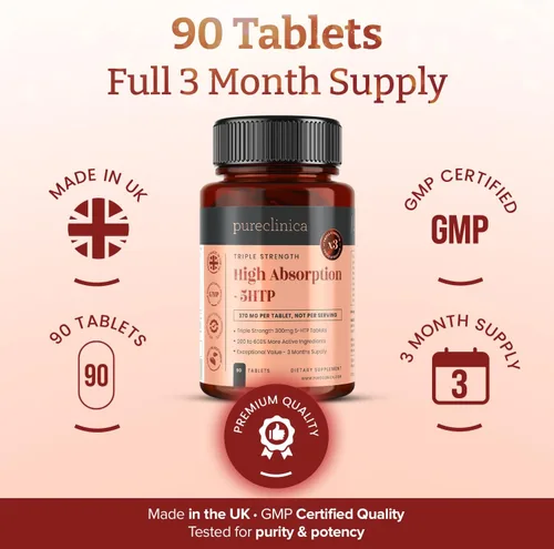 Miniatura 7 de Alta absorción 5HTP 300mg x 90 tabletas - 3 meses de suministro. con vitamina C, B6 y extracto de pimienta negra