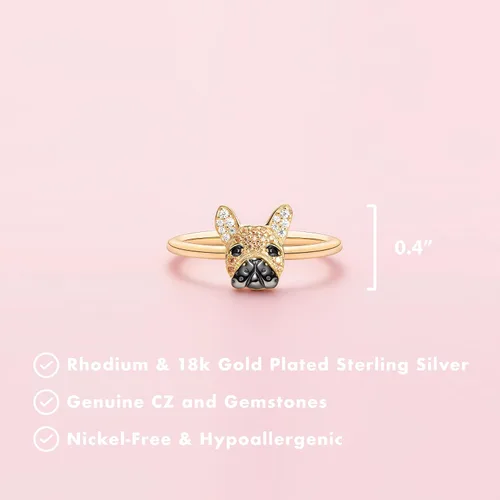 Miniatura 6 de SCAMPER & CO Regalos para el día de San Valentín para ella, anillo de plata de ley Bulldog francés para mujer, chapado en oro amarillo de 18