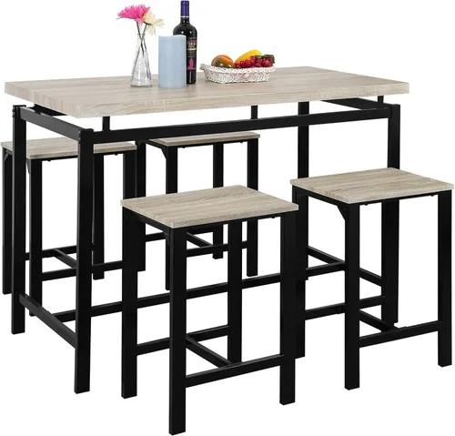 Miniatura 6 de Moderno juego de comedor de 5 piezas con encimera y altura de barra, mesa de comedor y 4 sillas, adecuado para comedor, cocina, bar (beige @A ~)