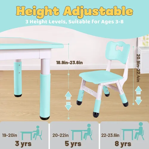 Miniatura 3 de FUNLIO - Juego de mesa y 2 sillas para niños, mesa y silla ajustables en altura para niños pequeños de 3 a 8 años, mesa fácil de limpiar para Verde