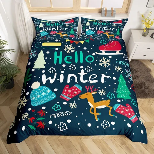 Miniatura 40 de Juego de ropa de cama de 3 piezas con diseño de muñeco de nieve, funda de edredón con temática de invierno, funda de edredón con temática de Feliz