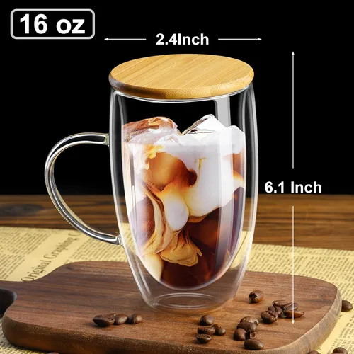 Miniatura 2 de PARACITY Tazas de café de vidrio de doble pared de 16 onzas con tapa/cuchara de bambú, juego de 2 tazas de café de vidrio con asa, taza de café