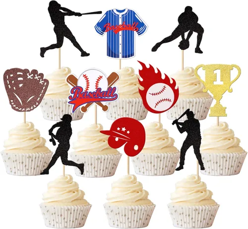 Rsstarxi Paquete de 30 adornos para cupcakes de béisbol con trofeo con purpurina, jugadores de béisbol, pelota deportiva, decoración para temática