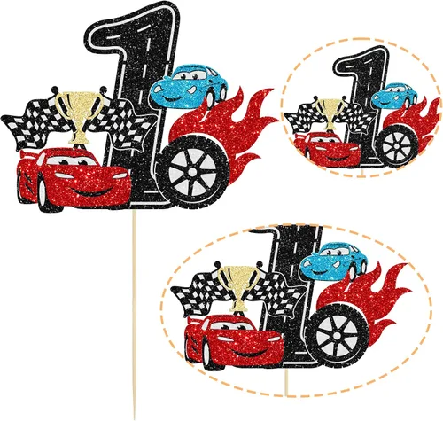 Miniatura 3 de Ephlyn 1 pieza de decoración para tarta de primer cumpleaños de coche de carreras con purpurina, decoración de tarta 1er cumpleaños para bandera a