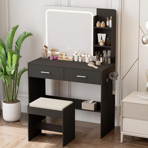 Miniatura 8 de Tocador de maquillaje con espejo iluminado y toma de corriente – 2 estantes, 2 cajones, almacenamiento inferior – Viene con taburete tapizado