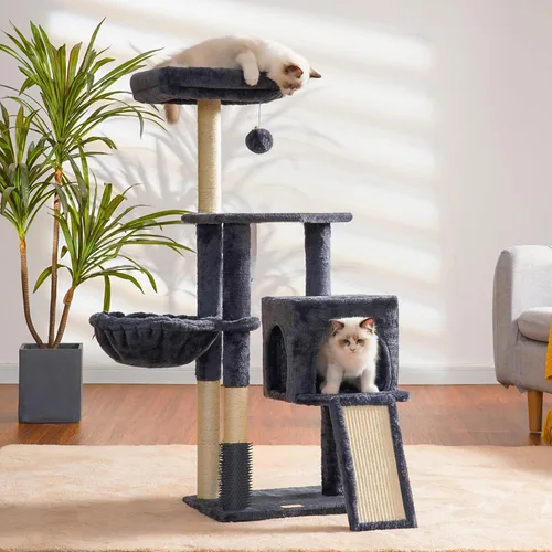 Miniatura 2 de Heybly Árbol de Gato con Cepillo Auto-Limpieza, Torre de Gato para Interior con Nido Acolchado, Casa de Gato con Cesta, Tabla de Rascar y Poste