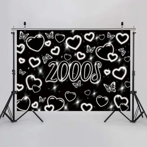 Miniatura 2 de Fondo de fotos de principios de la década de 2000 de 7 x 5 pies, fondo de corazón negro con purpurina Y2k, decoración de fiesta de moda temprana