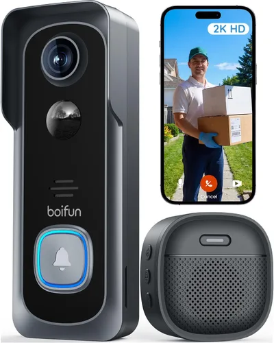 BOIFUN Cámara de timbre de video inalámbrica: no requiere suscripción, 2K HD, visión amplia de 166°, visión nocturna HDR, alertas de movimiento,