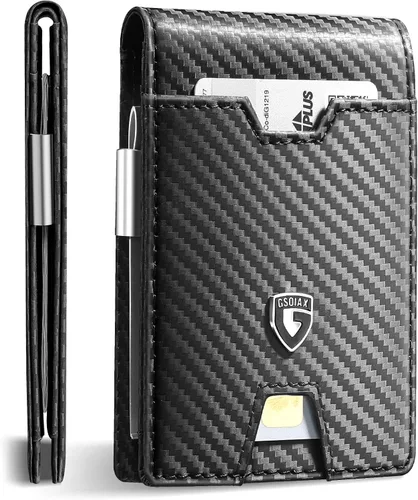 GSOIAX Billetera delgada para hombre con bloqueo RFID, carteras plegables para hombres, minimalista, de piel auténtica, fibra de carbono, tarjetero
