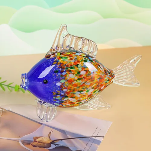Miniatura 2 de Colorida figura de pez de vidrio soplado – Escultura de animales de arte azul para decoración del hogar en la costa del océano, adorno de pez