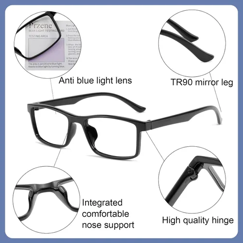 Miniatura 7 de Przene Paquete de 4 anteojos rectangulares de bloqueo de luz azul, antideslumbrantes, anti-tensión ocular UV400, cuadrados para hombres y mujeres