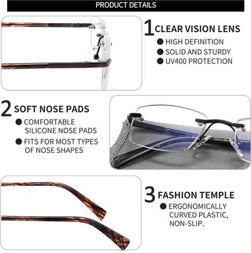 Miniatura 4 de Paquete de 3 lentes de lectura para hombre, bloqueo de luz azul, lectores de anteojos ligeros de metal sin montura para hombre, antifatiga ocular