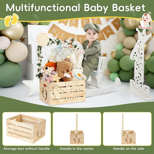 Miniatura 7 de Gran Caja de Madera para Baby Shower, Cesta Personalizable para Baby Shower con Asa y Guirnalda, Caja de Madera para Recién Nacida Niña o Niño