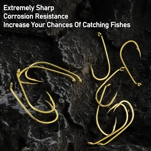 Miniatura 8 de Dr.Fish Paquete de 100 ganchos para cebo, ganchos de pesca de agua dulce dorados, compensados, para aparejos de lucioperca, arnés de oruga